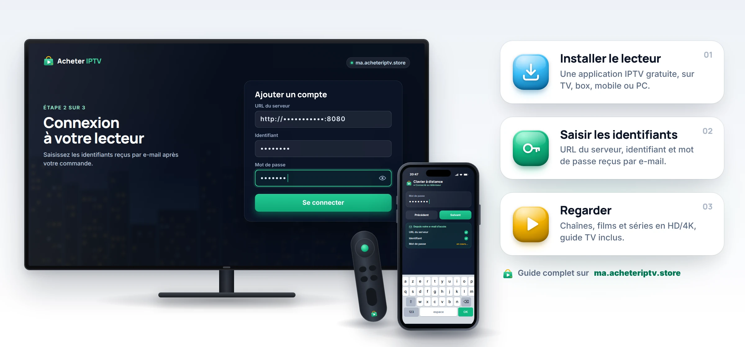 Installation IPTV sur téléviseur : lecteur, champs serveur, identifiant et mot de passe, trois étapes numérotées